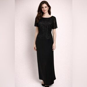 Talbots Long Formal Dress 12 Black Sequin Top Short Sleeve Flowy Wedding Party